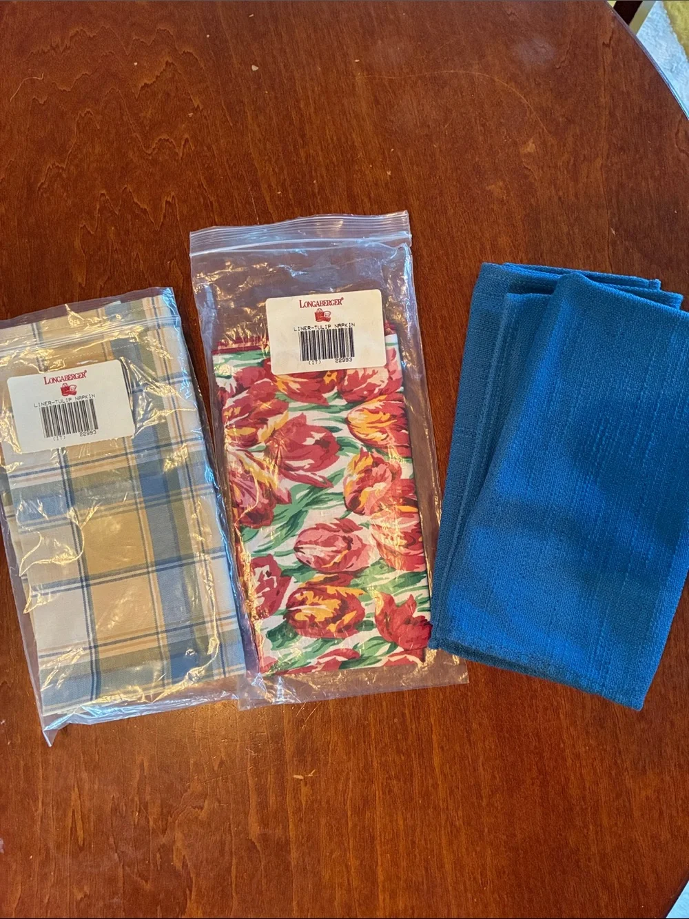 Longaberger Blue Solid, Tulip & Plaid Napkin Trio